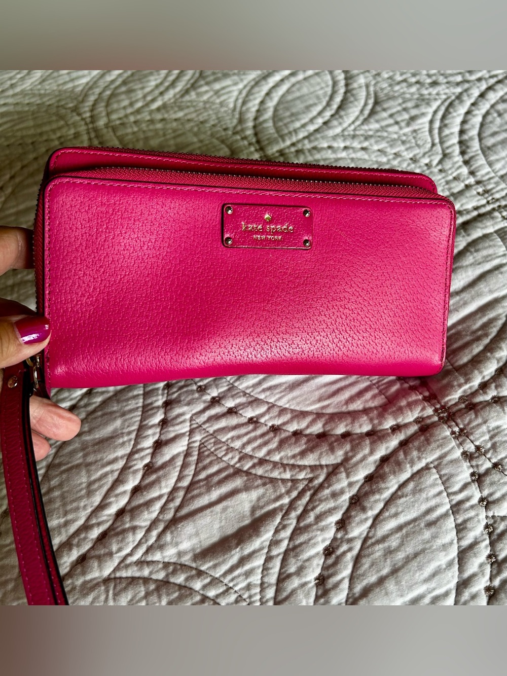 Kate Spade NY Continental Saffiano Double Zip Wristlet Logo Fuchsia Hot Pink